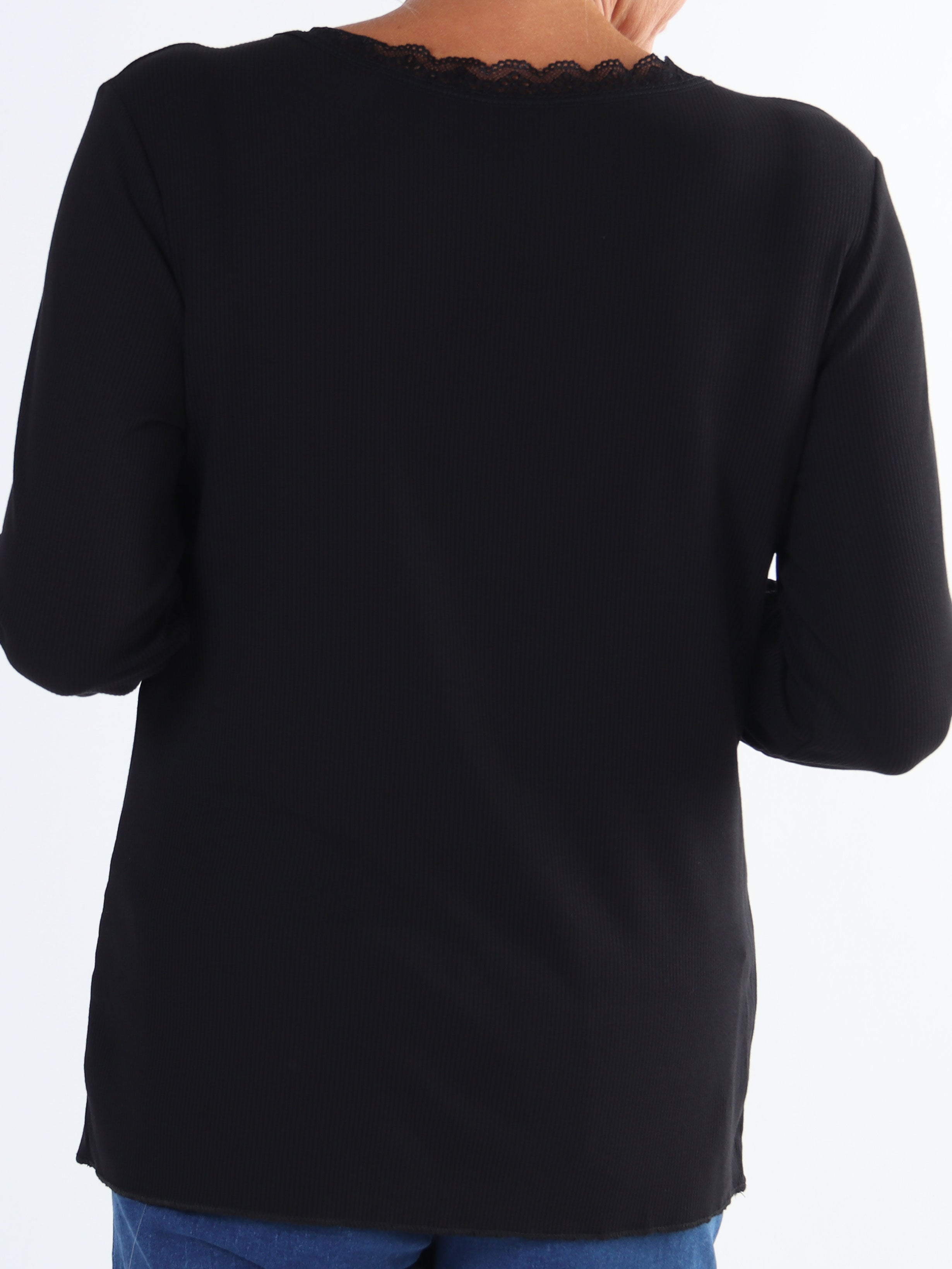 Ibina Long Sleeve - Plus size bluse med rib og blondekanter